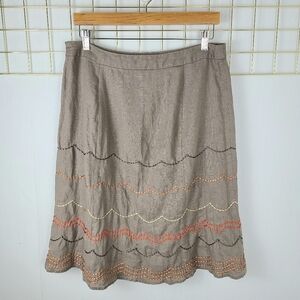 Boden Taupe Tan Swirl Orange Embroidered Linen Skirt